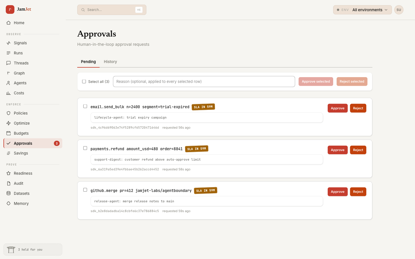 JamJet Cloud approvals queue: three held actions, a bulk email, a payment refund, and a github merge, each with an SLA-in-59-minutes chip, the requesting agent and reason, and Approve and Reject buttons.
